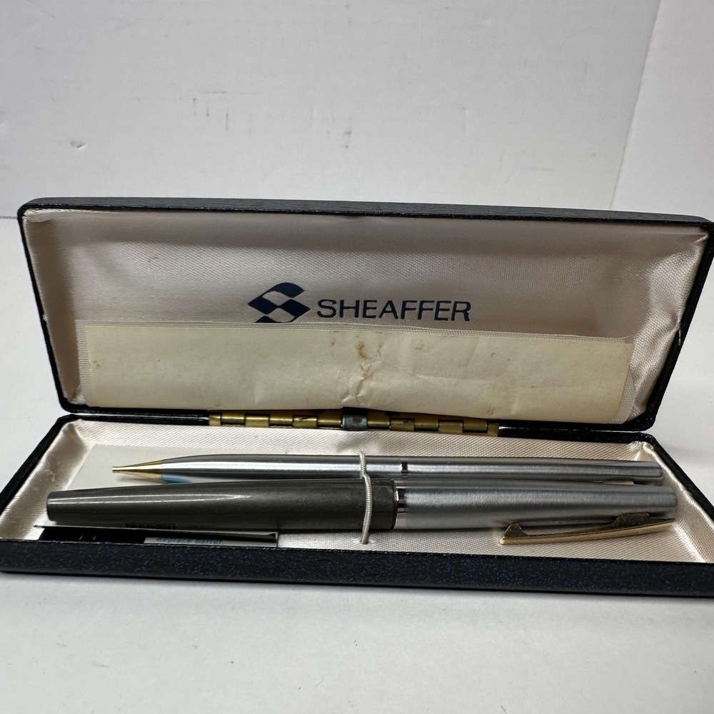 Vintage Sheaffer Silver Fountain Pen & Ballpoint Pen Set W Case Made In USA - Picture 4 of 11